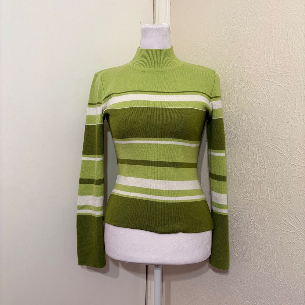 Evelyn's Vintage Green Striped Mock Neck Ribbed Cotton Sweater Top Small